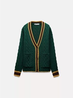 Zara Emerald Green Cable Knit Cardigan with Gold and Brown Trim